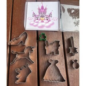 Princess Cookie Cutter Set Unicorn Castle Wand Gown Slipper 8 Piece Silver Green